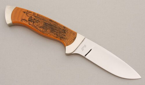 Bill Duff Scrimshaw Hunter with Caramel Micarta Scales handle material - Obverse Side - Item #KLC15108
