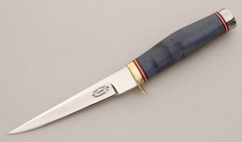 Deryl Wright Utility Knife with Blue Fiddleback Maple Handle handle material - Obverse Side - Item #KLC15109