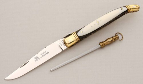 Laguiole Knives Le Gevaudan Slipjoint with Black & White G10 Scales handle material - Obverse Side - Item #KLC15118