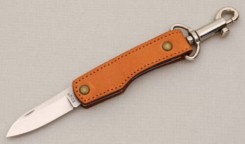Sog Knives S34T Attache with Tan Leather Wrap handle material - Obverse Side - Item #KLC15127