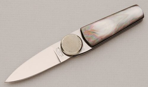 A.G. Russell A318 Button Knife with Black Pearl Scales handle material - Obverse Side - Item #KLC15134