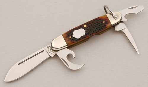 A.G. Russell Premium Scout Knife with Brown Jigged Bone Scales handle material - Obverse Side - Item #KLC15136
