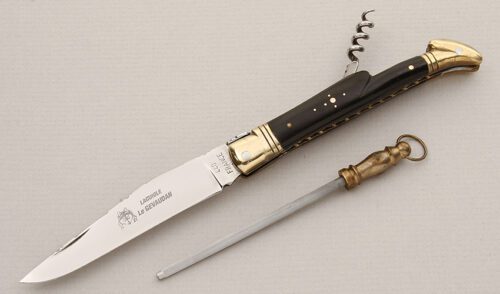 Laguiole Knives Le Gevaudan Slipjoint with Ebony Wood Scales handle material - Obverse Side - Item #KLC15157
