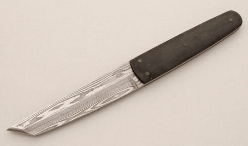 Bud Nealy Damascus Aikuchi with Kraton Scales handle material - Obverse Side - Item #KLC15160