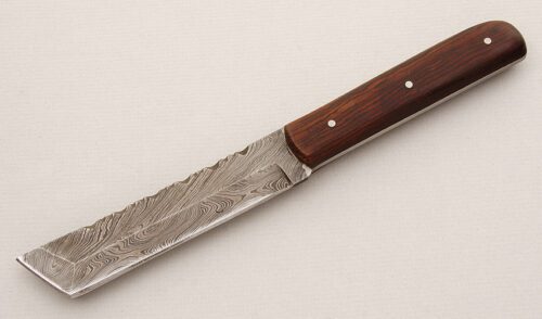 Unknown Maker Damascus Tanto Chopper with Exotic Wood Scales handle material - Obverse Side - Item #KLC15162