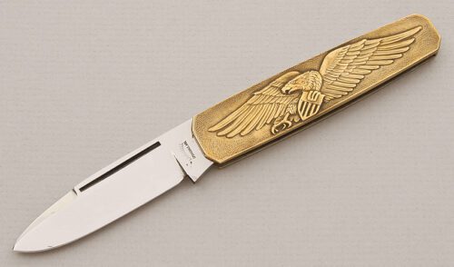 A.G. Russell American Bicentennial Folder with Embossed Brass Frame handle material - Obverse Side - Item #KLC15164