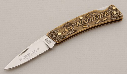 Winchester Knives Model 1989-1 Lockback with Cast Bronze Frame handle material - Obverse Side - Item #KLC15167
