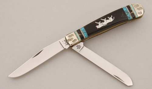 Case Cutlery Ron Yellowhorse Trapper with Aztec Gold Scales handle material - Obverse Side - Item #KLC15200