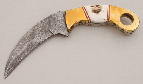 Unknown Maker Damascus Karambit with Stag Scales handle material - Obverse Side - Item #KLC15211