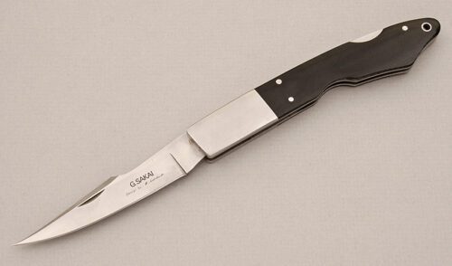 G. Sakai Cutlery Takahashi Bird & Trout Folder with Black Micarta Scales handle material - Obverse Side - Item #KLC15238