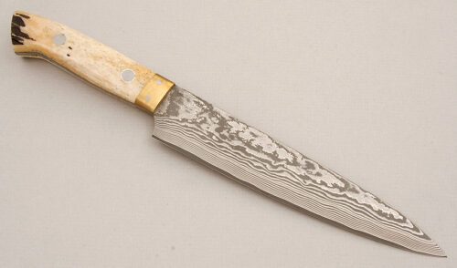 Unknown Maker Japanese Kitchen Knife with Polished Stag Scales handle material - Obverse Side - Item #KLC15262