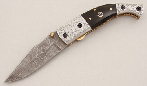 Unknown Maker Damascus Linerlock with Buffalo Horn Scales handle material - Obverse Side - Item #KLC15286