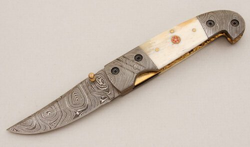 Unknown Maker Damascus Linerlock with Smooth Natural Bone Scales handle material - Obverse Side - Item #KLC15287