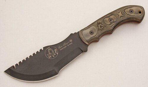 Tops Knives Tracker with Black/Green Linen Micarta handle material - Obverse Side - Item #KLC15290