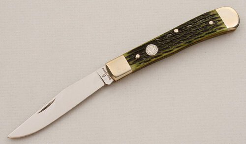 Burnt Chimney Knives Folding Hunter with Green Jigged Bone Scales handle material - Obverse Side - Item #KLC15298