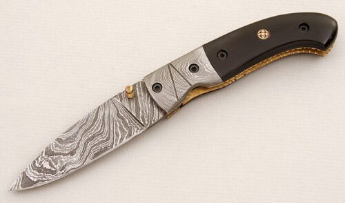 Unknown Maker Damascus Drop Point Folder with Buffalo Horn Scales handle material - Obverse Side - Item #KLC15305