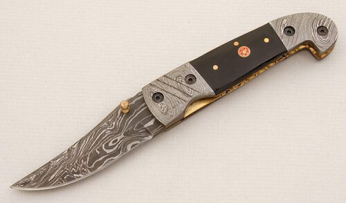 Unknown Maker Damascus Linerlock with Buffalo Horn Scales handle material - Obverse Side - Item #KLC15307