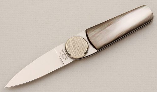 A.G. Russell A318 Button Knife with Black Pearl Scales handle material - Obverse Side - Item #KLC15308