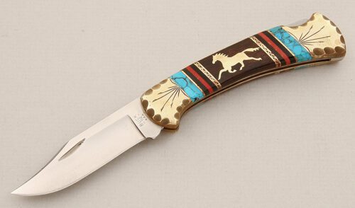 Buck/Yellowhorse Knives 112 Custom Lockback with Desert Ironwood Scales handle material - Obverse Side - Item #KLC15325