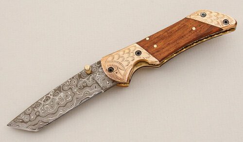 Unknown Maker Damascus Tanto Folder with Exotic Wood Scales handle material - Obverse Side - Item #KLC15361