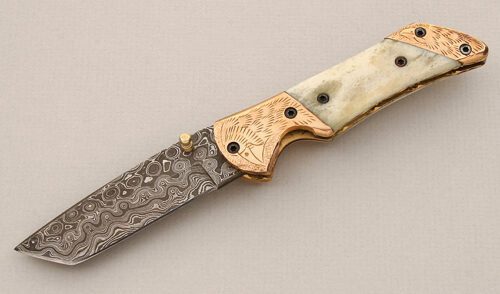 Unknown Maker Damascus Tanto Folder with Smooth Natural Bone Scales handle material - Obverse Side - Item #KLC15362