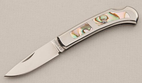 A.G. Russell Interframe Lockback Folder with Stainless Frame handle material - Obverse Side - Item #KLC15375