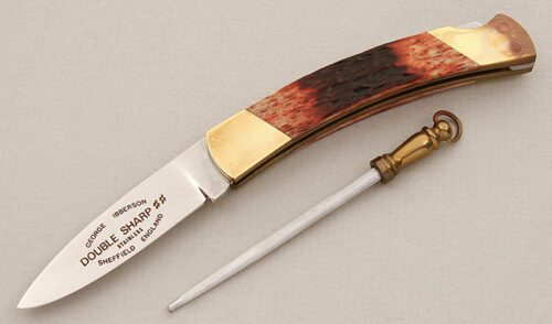 George Ibberson Double Sharp Lockback with Red Jigged Bone Scales handle material - Obverse Side - Item #KLC15381