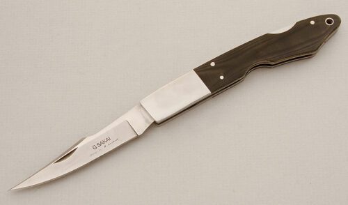 G. Sakai Cutlery Takahashi Bird & Trout Folder with Black Micarta Scales handle material - Obverse Side - Item #KLC15455
