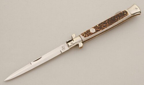 Falcon Knives Large Stiletto Lockback with Stag Scales handle material - Obverse Side - Item #KLC15459
