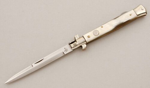 Falcon Knives Large Stiletto Lockback with Buffalo Horn Scales handle material - Obverse Side - Item #KLC15461
