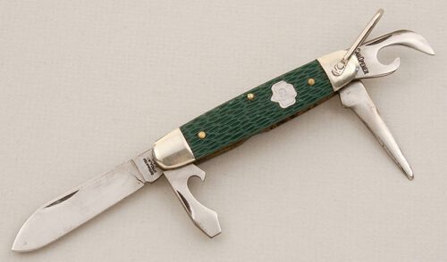 Kutmaster Girl Scout Knife with Green Jigged Composite Scales handle material - Obverse Side - Item #KLC15466