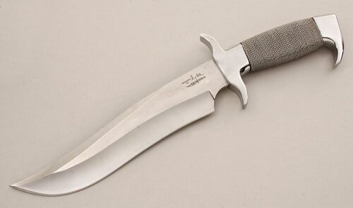 Gil Hibben 1992 Highlander Bowie with Aluminum Wire Wrap Handle handle material - Obverse Side - Item #KLC15471