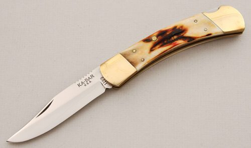 Ka-Bar Knives 1199 Folding Hunter with Burnt Stag Scales handle material - Obverse Side - Item #KLC15472