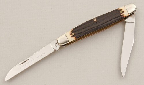 Queen Cutlery Hawbaker Improved Muskrat with Burnt Jigged Bone Handle Scale handle material - Obverse Side - Item #KLC15475