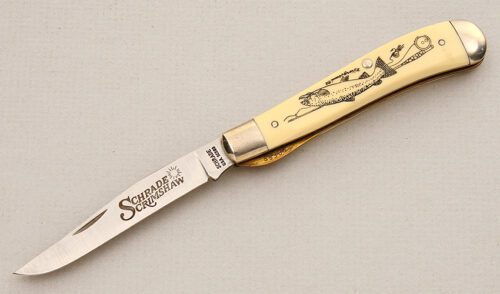 Schrade Cutlery SC503 Linerlock Trapper with Ivory Micarta Scales handle material - Obverse Side - Item #KLC15483