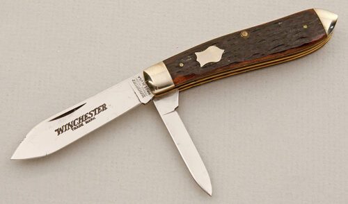 Winchester Knives Model 2857 Teardrop Jack with Brown Jigged Bone Scales handle material - Obverse Side - Item #KLC15503