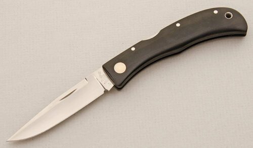A.G. Russell Jess Horn Midlock Folder with Black Linen Micarta Frame handle material - Obverse Side - Item #KLC15505
