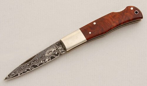 A.G. Russell Damascus Lockback with Quince Wood Scales handle material - Obverse Side - Item #KLC15509