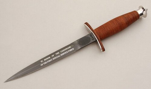 Case Cutlery V-42 Devil's Brogade Stiletto with Stacked Leather Handle handle material - Obverse Side - Item #KLC15550