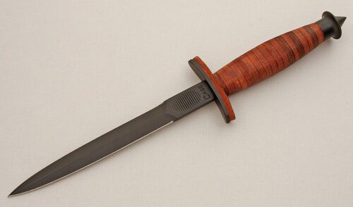 Case Cutlery V-42 Fighting Stiletto with Stacked Leather Handle handle material - Obverse Side - Item #KLC15551
