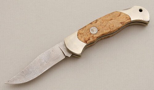Boker Knives 1997 Annual Damascus Folder with Birch Wood Scales handle material - Obverse Side - Item #KLC15553