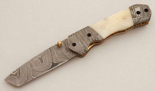 Unknown Maker Damascus Tanto Folder with Smooth Natural Bone Scales handle material - Obverse Side - Item #KLC15558