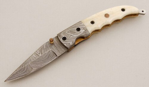 Unknown Maker Damascus Linerlock with Smooth White Bone Scales handle material - Obverse Side - Item #KLC15567