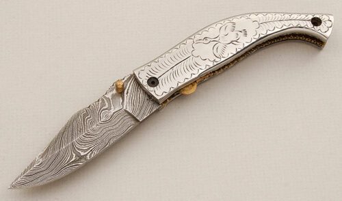 Unknown Maker Damascus Linerlock with Stainless Steel handle material - Obverse Side - Item #KLC15568