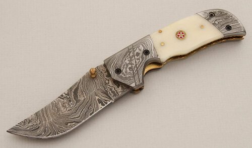 Unknown Maker Large Damascus Linerlock with Smooth White Bone Scales handle material - Obverse Side - Item #KLC15573