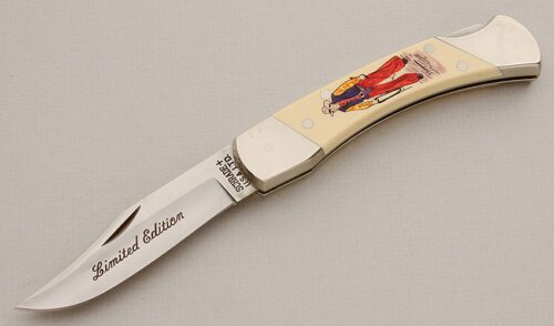 Schrade Cutlery Cowboy Commemorative Scrimshaw with Ivory Micarta Scales handle material - Obverse Side - Item #KLC15574