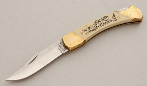 Schrade Cutlery Sun Dance Commemorative with Ivory Micarta Scales handle material - Obverse Side - Item #KLC15578