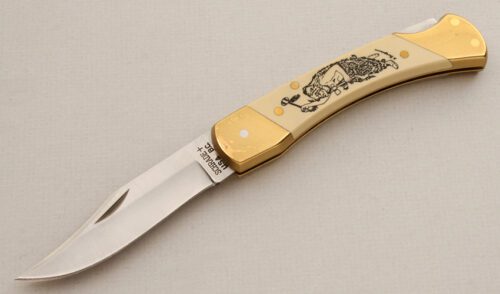 Schrade Cutlery Bear Cult Commemorative with Ivory Micarta Scales handle material - Obverse Side - Item #KLC15579