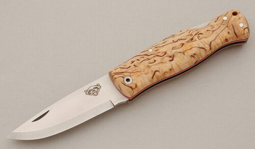 TBS Knives Wolverine Puukko with Curly Birch Scales handle material - Obverse Side - Item #KLC15604