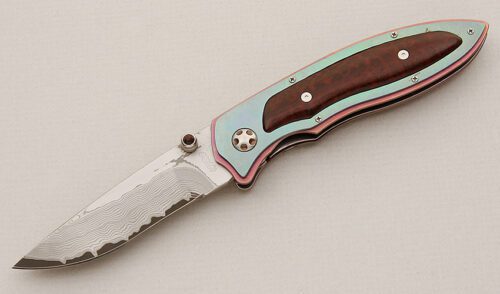 Hiro Knives Linerlock with Blue Anodized Titanium Scale handle material - Obverse Side - Item #KLC15617